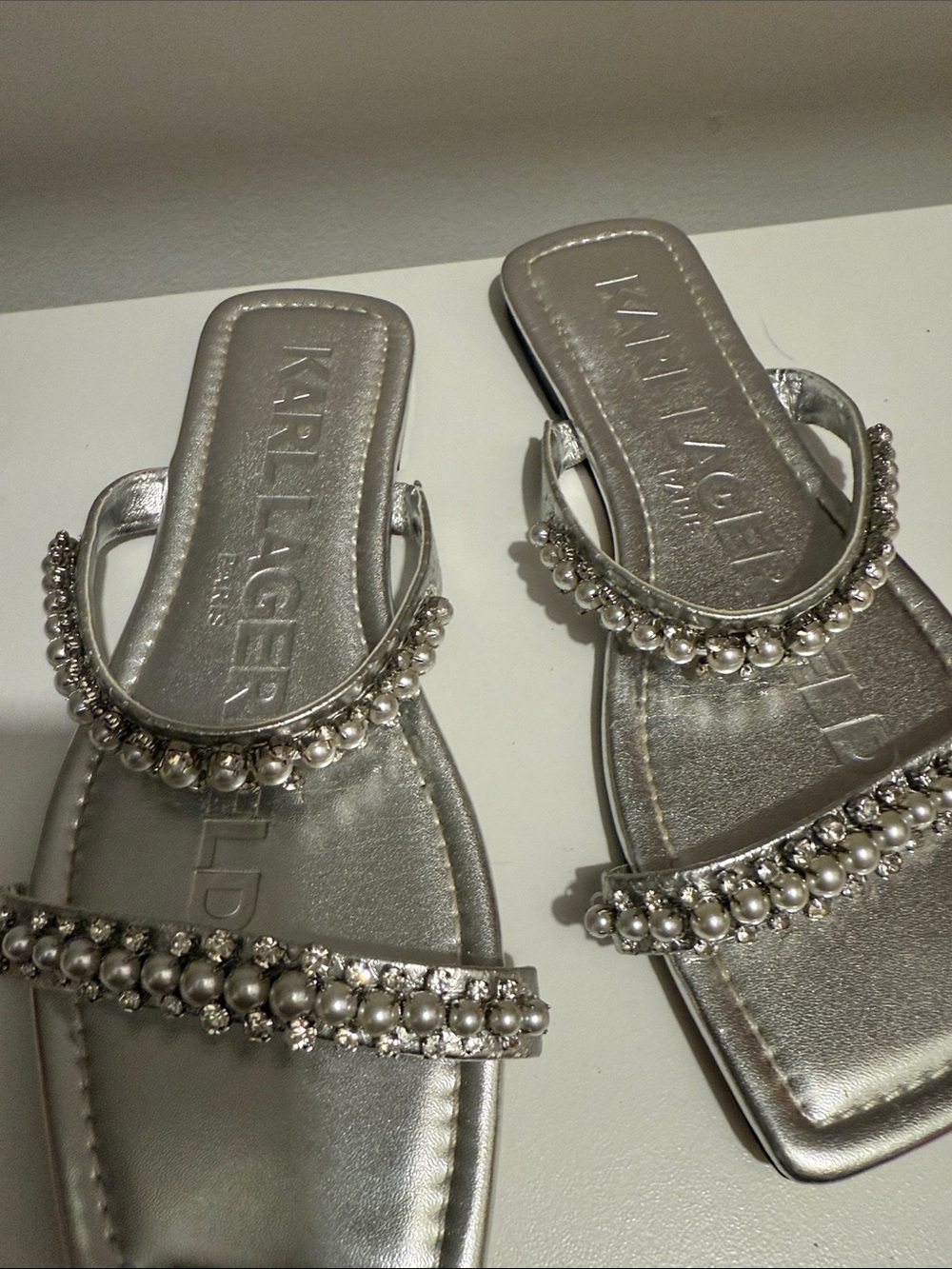 Karl Lagerfeld Metallic Silver Pearl & Crystal Slide Sandals